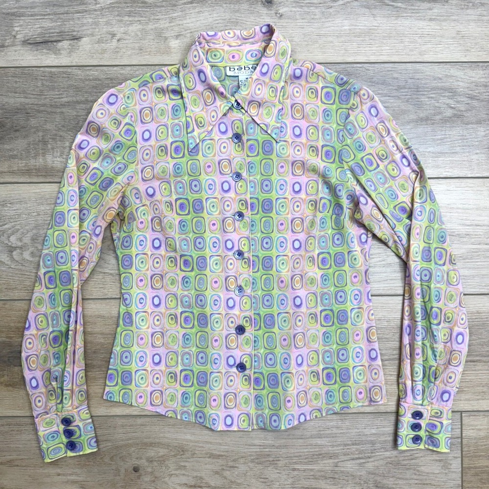90s Y2K 70s Trippy Mod Silk Vintage Bebe Collar Button Long Sleeve Blouse Pastel